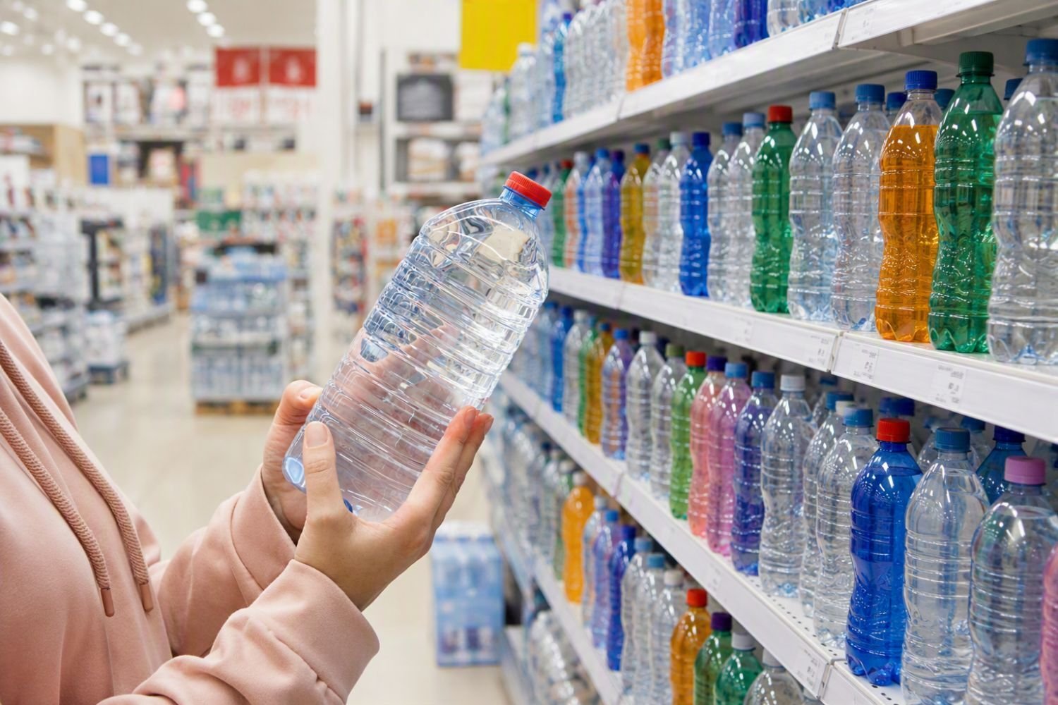 A person holding clear PET water bottle in the supermarket