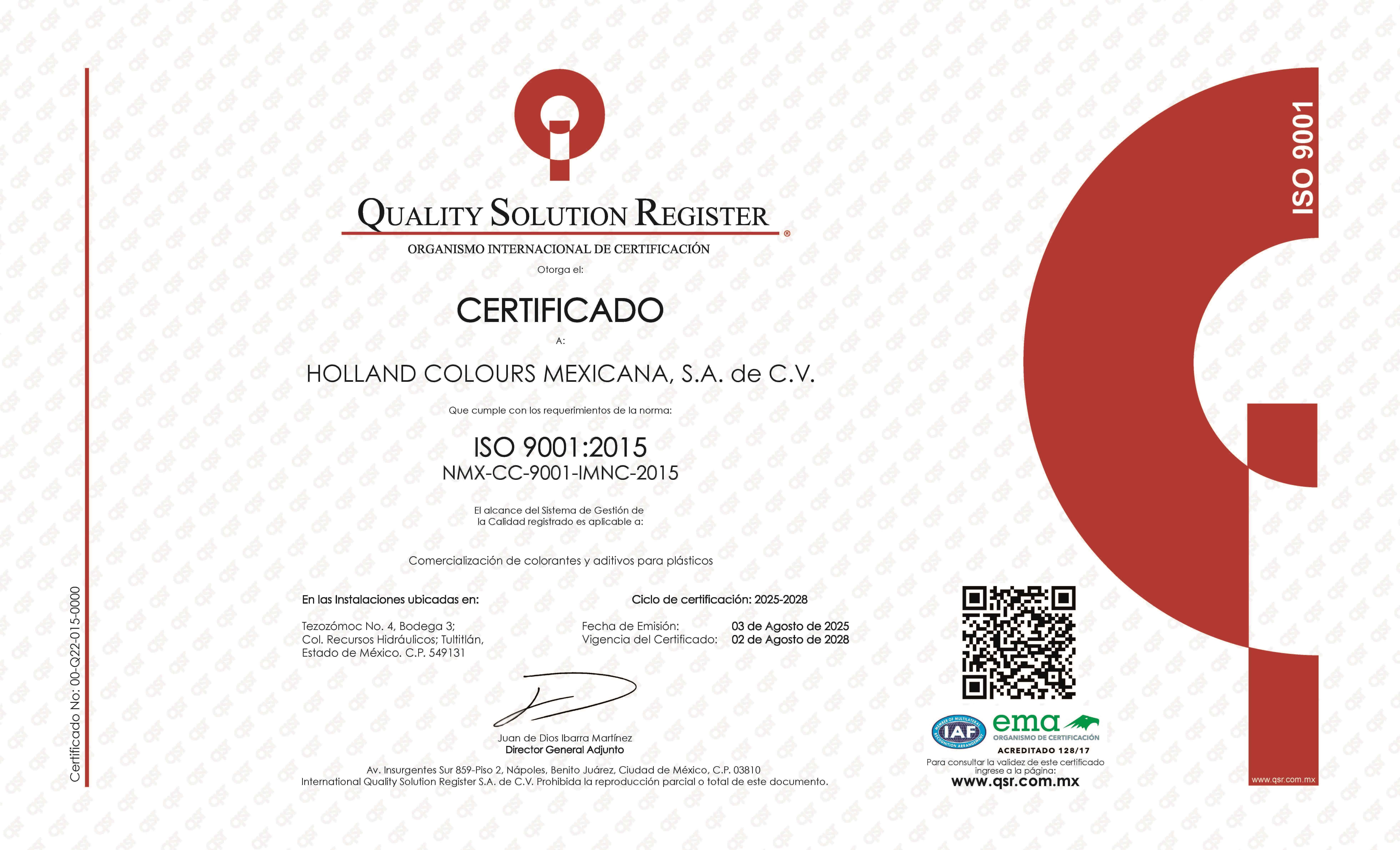 Certificado ISO 9001 Holland Colours Mexicana Aug 2025